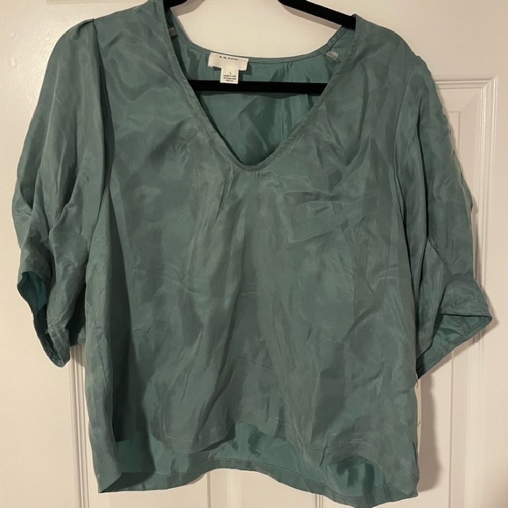 NEW R.G. KANE top in dusty green tea poof scoop neck blouse
